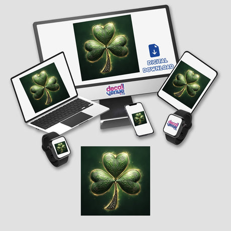 Celtic Knot Shamrock sticker featuring a green clover with intricate silver filigree, displayed on a computer monitor and laptop screen, showcasing unique vinyl and digital artwork from Decal Venue.