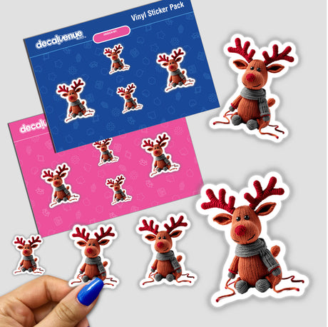 Knitted Yarn Reindeer sticker pack featuring cartoon reindeer with scarves and hats, available as unique stickers or digital artwork from Decal Venue.