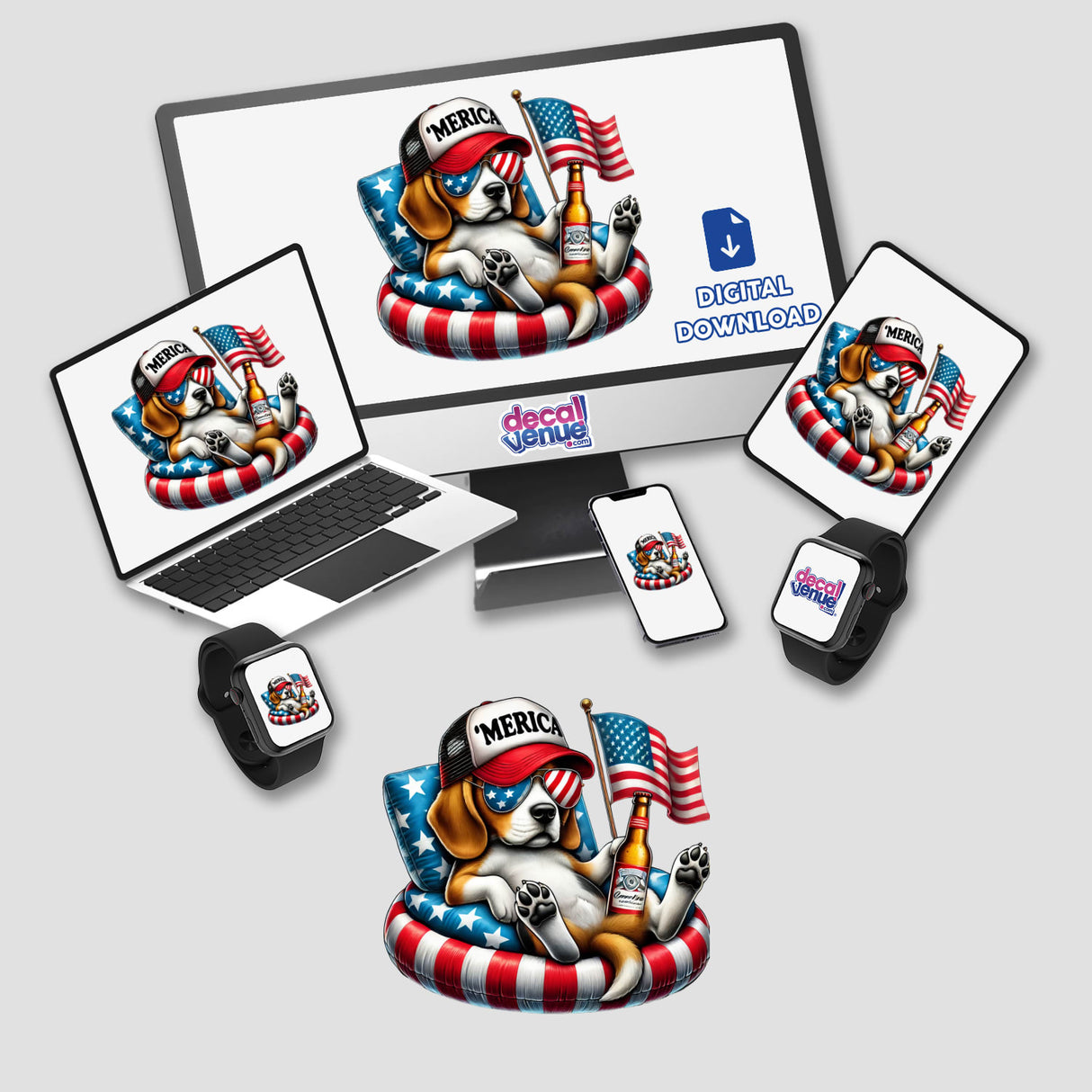 Beagle Dog American Flag Float Merica design depicted on various screens, highlighting the patriotic and adorable beagle artwork available as stickers and digital downloads.