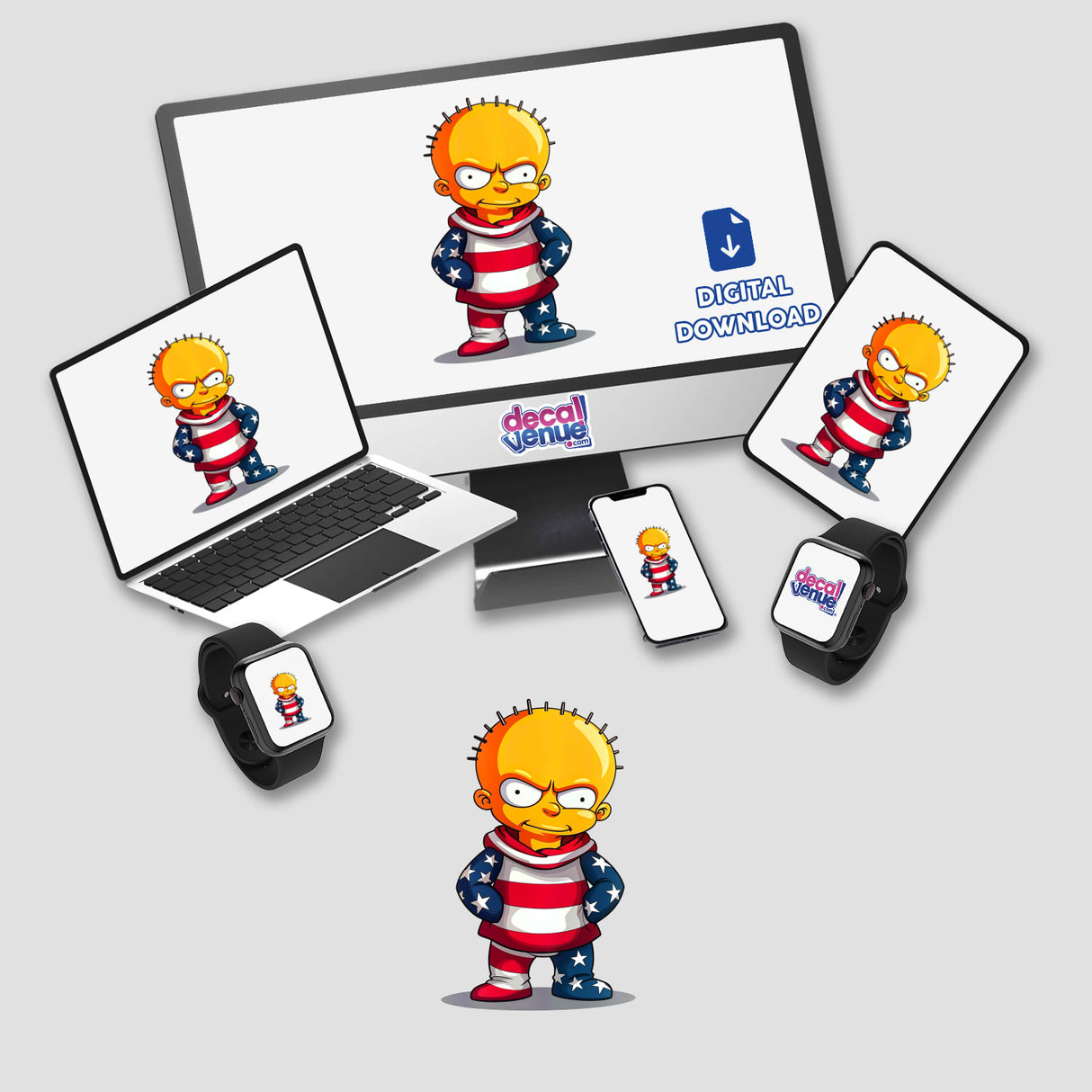 A Funny Guy With An American Flag Outfit displayed on a computer monitor and laptop screen, available as stickers or digital artwork, showcasing the unique style of Decal Venue.