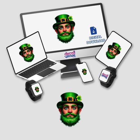 St. Patrick's Day Leprechaun-themed stickers or digital artwork featuring cartoonish laptops, monitors, and devices adorned with playful green beards and hats, available at Decal Venue.