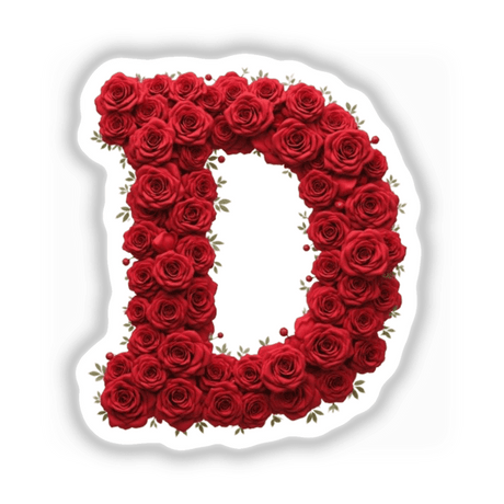 Elegant Floral Letter D Clipart - Downloadable Sticker features a letter D crafted from roses, ideal for Valentine's Day, available as stickers or digital artwork with commercial rights.