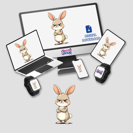 Cute Grumpy Bunny Cartoon with Folded Arms displayed on a laptop and computer monitor. Available as stickers or digital artwork.