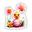 Cute Baby Duck with Blooming Flowers cartoon features a cheerful duckling surrounded by blossoms, available as stickers or digital artwork. Perfect for adding charm from Decal Venue's unique collection.