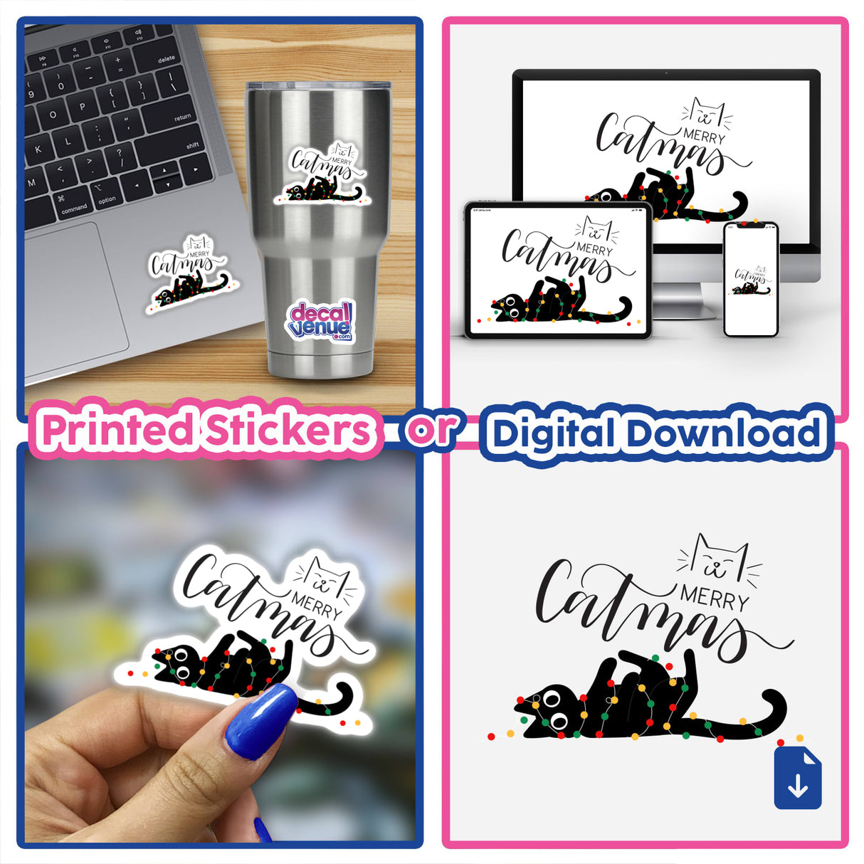 Collage featuring Merry Cat Christmas sticker designs, showcasing a cartoon cat adorned with festive lights. Available as stickers or digital artwork, ideal for laptop or digital decoration from Decal Venue.