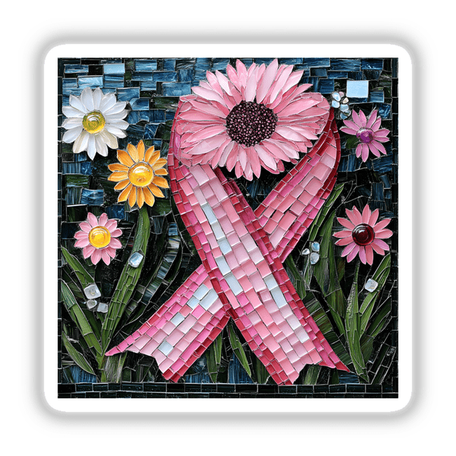 Pink Ribbon with Floral Accents Mosaic, featuring a detailed pink ribbon surrounded by various flowers, available as stickers or digital artwork.