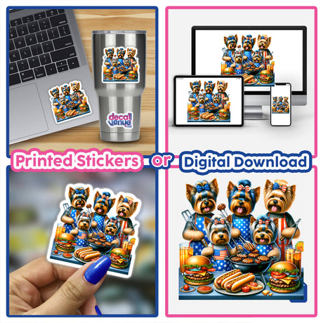 Patriotic Yorkie Dog Family BBQ Party - Colorful digital artwork featuring a group of Yorkies enjoying a festive barbecue, available as a printed sticker or digital download from Decal Venue.