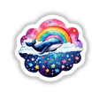 Sticker titled Dreamy Whale: Sleeping on a Cloud with Stars and Rainbow, featuring a cartoon whale resting on a cloud with a rainbow arching overhead and stars surrounding.