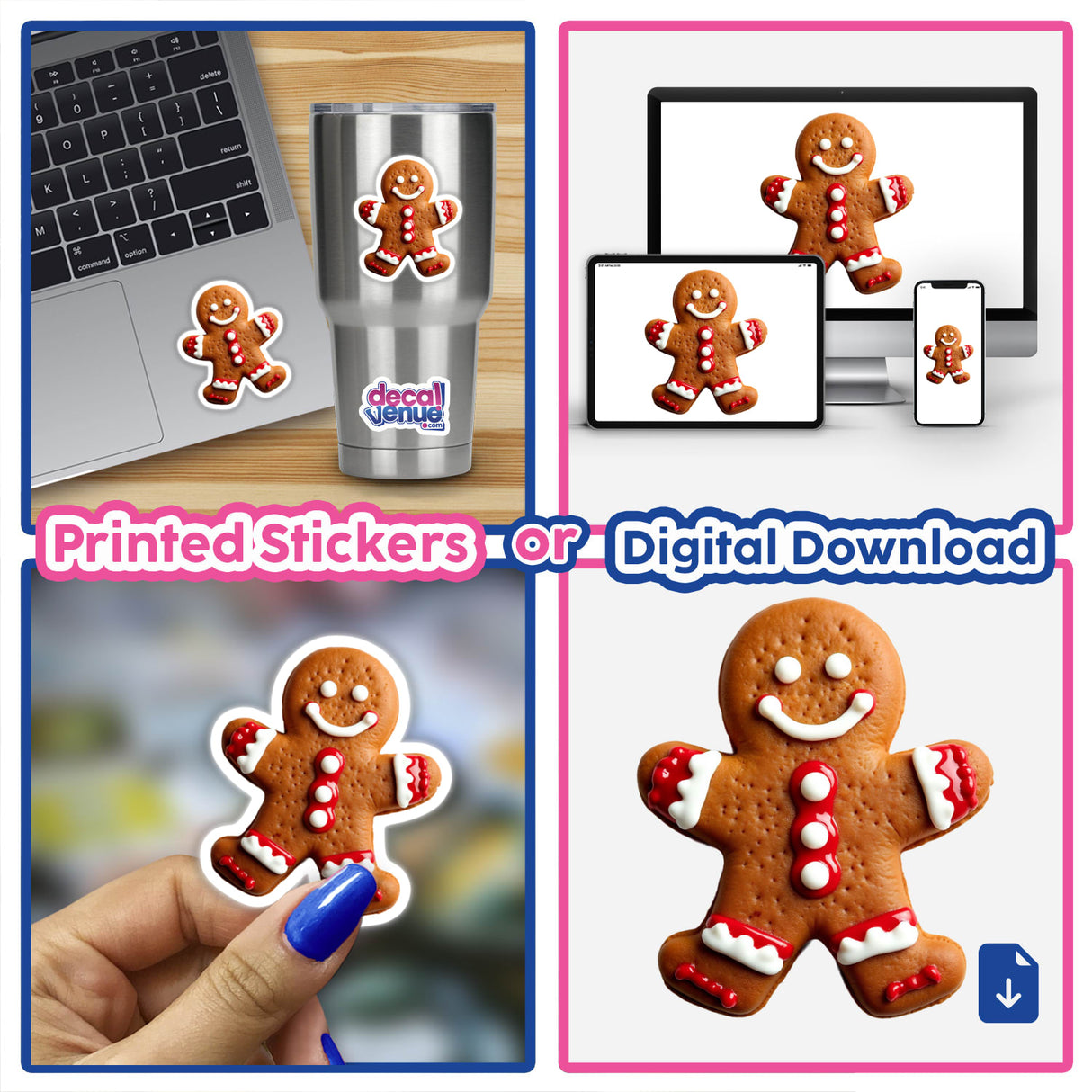 Gingerbread Man Christmas Holiday Cheer Cookie Design collage featuring stickers and digital artwork, including close-ups of the gingerbread man with white and red frosting and various decorations.