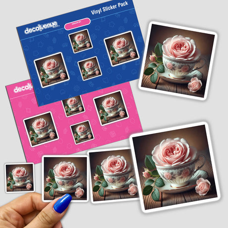 Hand holding a sticker pack titled Delicate Tea Rose Blooming in a Vintage Teacup featuring a rose inside a teacup, emphasizing its intricate and elegant design.