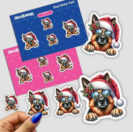 Resting Christmas Santa German Shepherd Mistletoe Dog sticker features a cartoon German Shepherd wearing a Santa hat and sunglasses, capturing a festive and playful holiday spirit. Available as stickers or digital artwork.