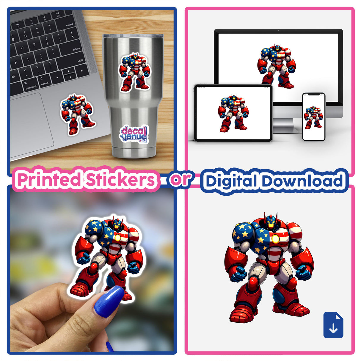 Collage showcasing A Cool American Flag Army Robot stickers and digital artwork, featuring cartoon robots and patriotic designs, reflecting Decal Venue's unique vinyl sticker and digital art offerings.