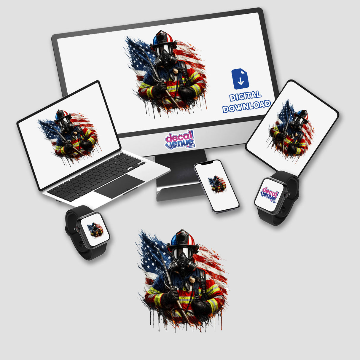 Patriotic firefighter illustration featuring the American flag splattered across a firefighter's helmet and gear on various digital devices and products.