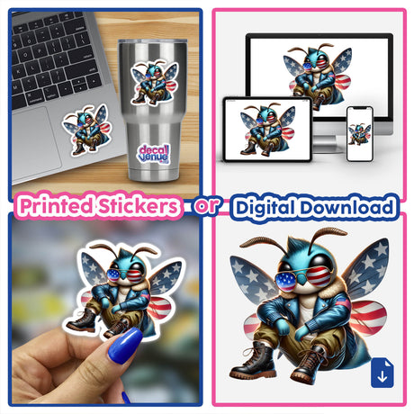 Collage showcasing the Patriotic Leather Moth Aviator Sunglasses design featuring a cartoon bee with sunglasses and a jacket, available as stickers or digital artwork from Decal Venue.