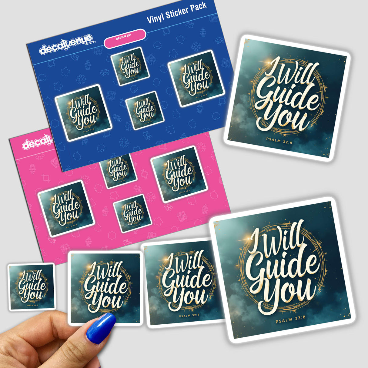 Hand holding Christian Sticker | I Will Guide You - Psalm 32:8, featuring handwritten design. Part of Decal Venue's unique sticker and digital art collection.