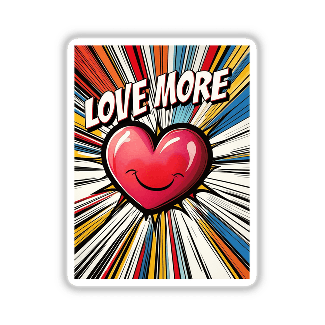 Love More Energetic Pop Art Heart, featuring a smiling heart design, available as unique stickers or digital artwork. Ideal for fans of vibrant graphic design and playful cartoon aesthetics.