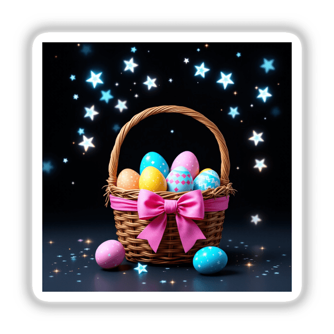 Easter Basket with Colorful Eggs and Pink Bow