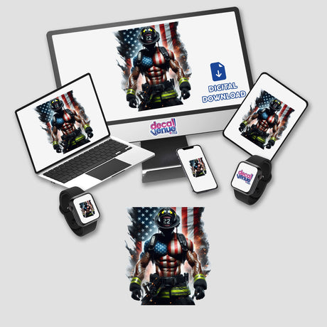 Muscular American Firefighter depicted on a computer monitor and laptop screen, available as stickers or digital artwork. Image features a firefighter with a flag, emphasizing strength and patriotism.