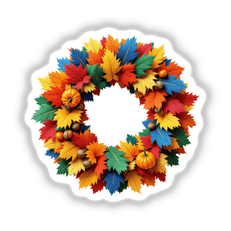 Vibrant Autumn Leaves Harvest Wreath Knit Fabric Style, showcasing a wreath adorned with colorful leaves and pumpkins, available as stickers or digital artwork, reflecting Decal Venue's unique design ethos.