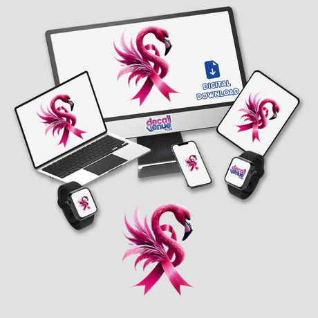 Flamingo Bird Pink Ribbon Breast Cancer digital artwork displayed on a monitor and laptop, showcasing vibrant pink flamingo images. Available as stickers or digital artwork from Decal Venue.