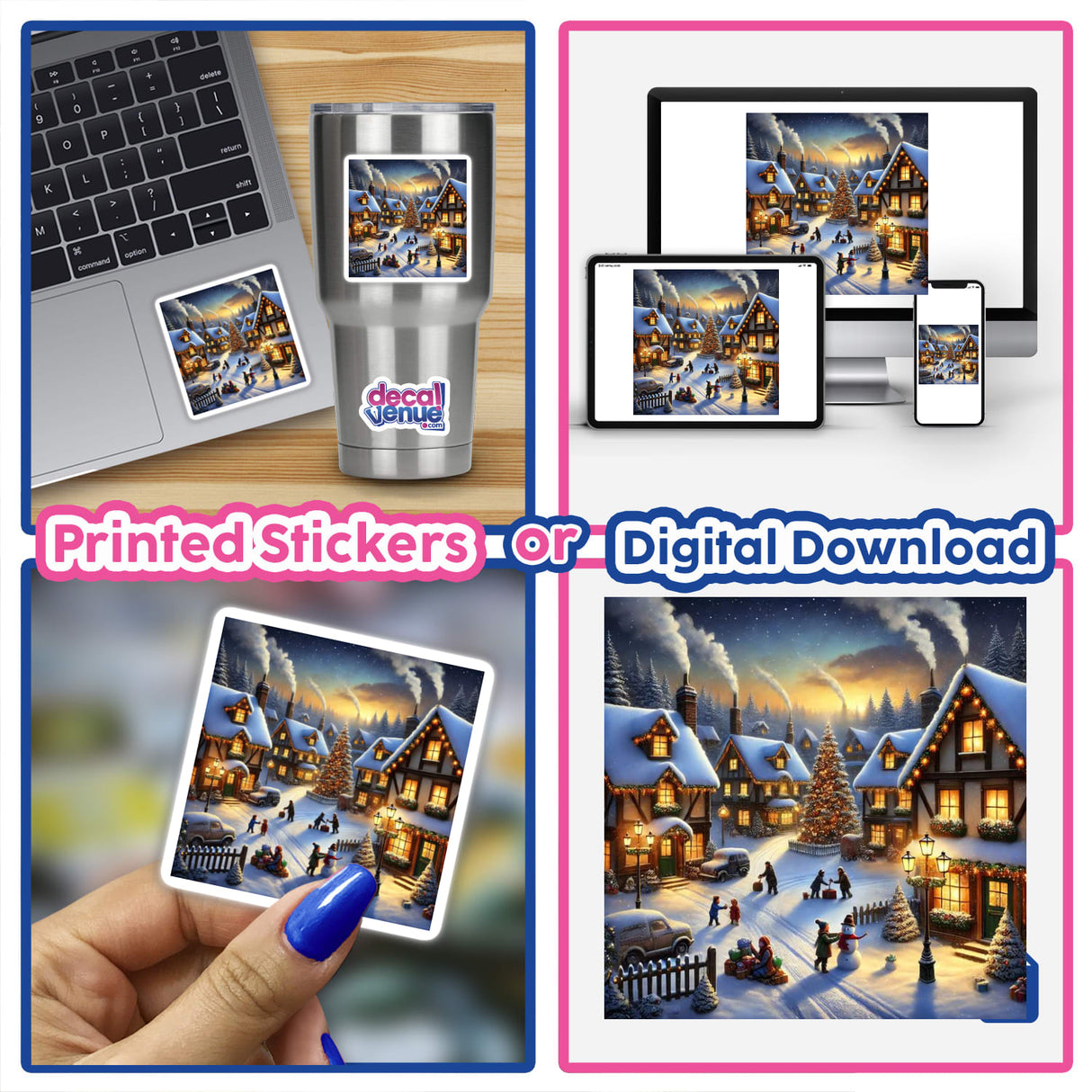 Winter Wonderland - A Snowy Village with Twinkling Lights digital artwork collage featuring a cozy village scene, perfect for stickers or home decor.