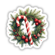 Candy Cane in a Christmas Wreath sticker featuring a candy cane intertwined with festive ornaments, capturing the holiday spirit. Available as stickers or digital artwork from Decal Venue.