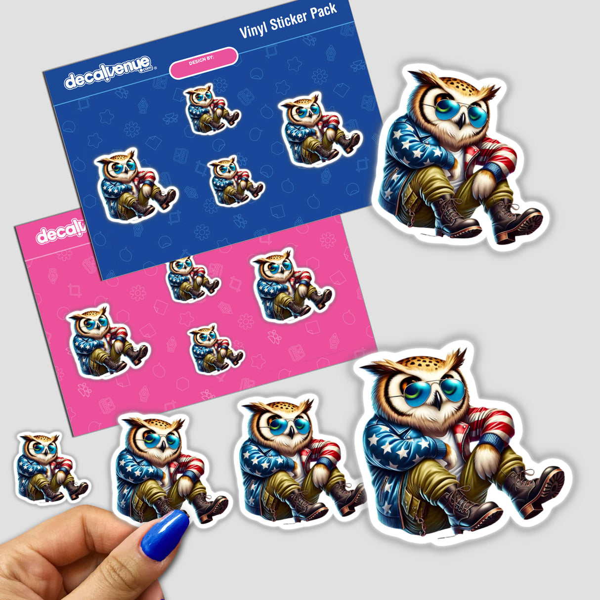 Vibrant digital art stickers featuring a patriotic owl wearing aviator sunglasses, surrounded by smaller sticker illustrations on the Decal Venue product packaging.