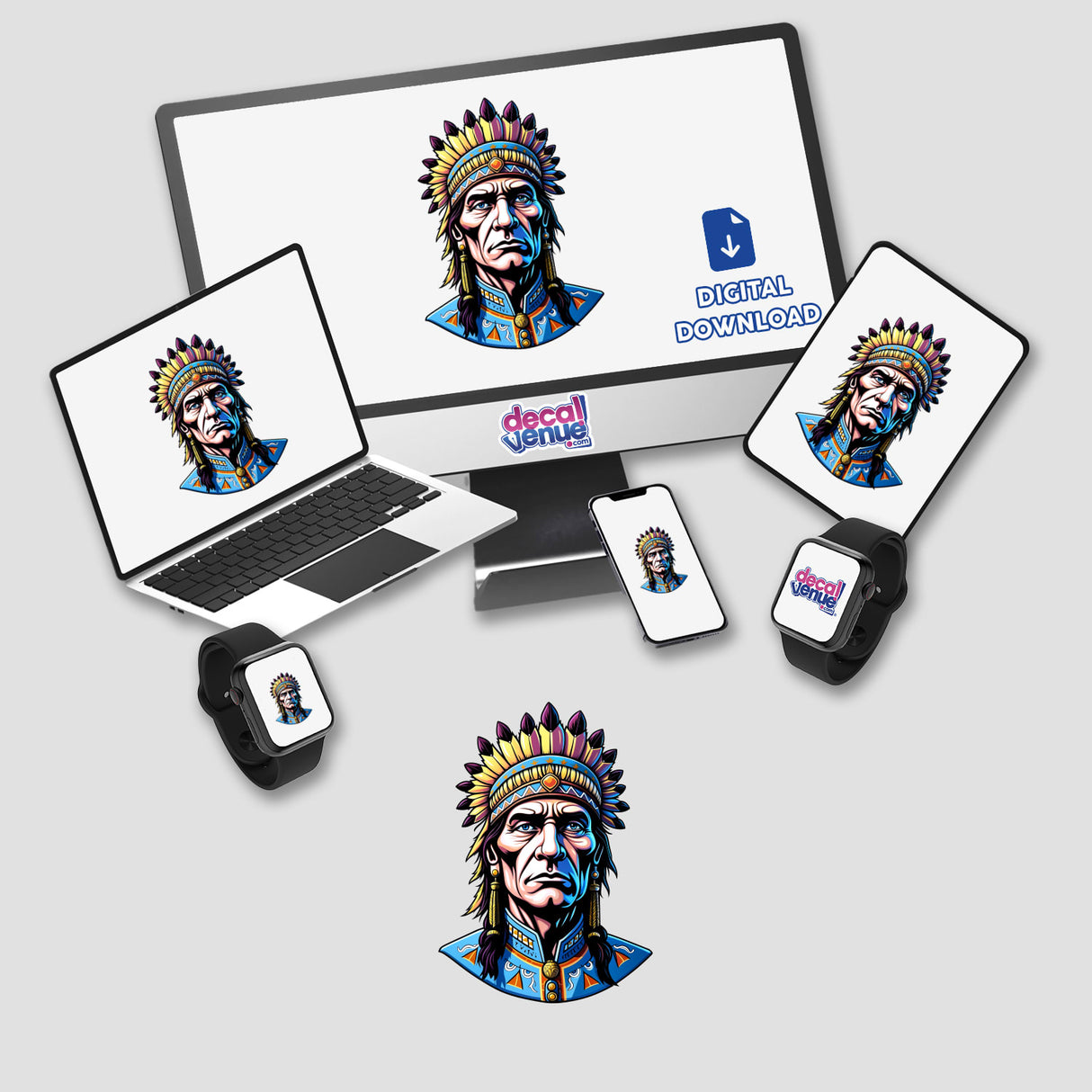 A computer monitor and laptop display a cartoon of A Native American Warrior Chief, available as stickers or digital artwork from Decal Venue.