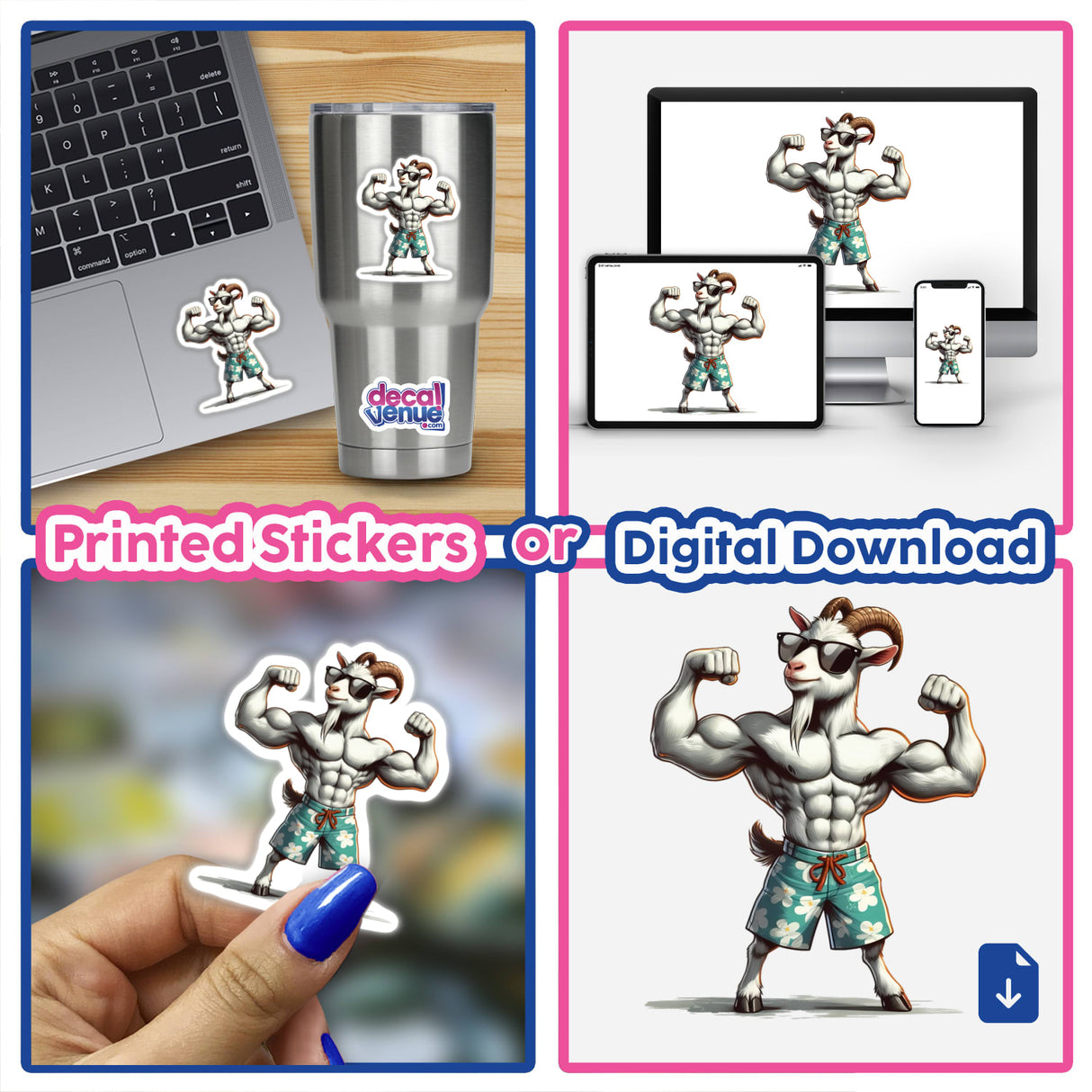 The Muscular Goat depicted in a cartoon collage, featuring flexing poses and sunglasses, available as stickers or digital artwork from Decal Venue.