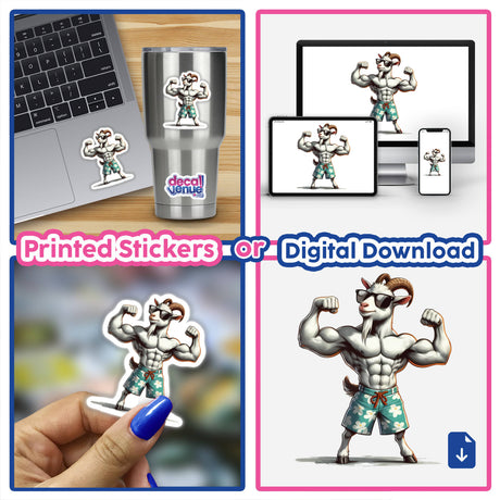 The Muscular Goat depicted in a cartoon collage, featuring flexing poses and sunglasses, available as stickers or digital artwork from Decal Venue.