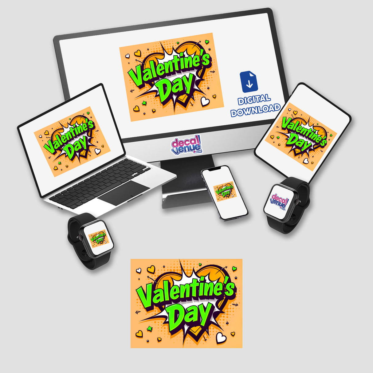 Valentine's Day Love Heart stickers and digital artwork featuring a computer monitor, laptop, and smart watch, showcasing love-themed designs available at Decal Venue.