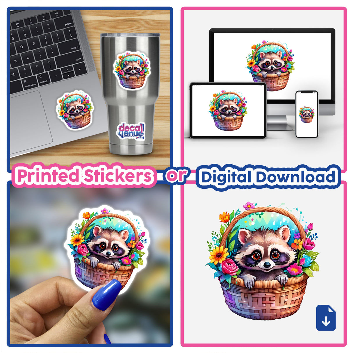 Basket Buddy: Cute Racoon Nestled in a Basket, presented as stickers and digital artwork, shown on a cup, laptop, and close-up of a finger, featuring floral accents.