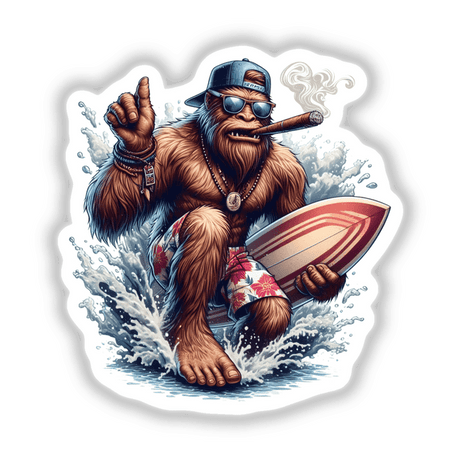 Sasquatch Cigar Surfer cartoon: a gorilla with a cigar, sunglasses, and surfboard, available as unique stickers or digital artwork at Decal Venue.