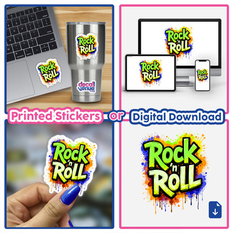 Rock 'n Roll Graffiti Art collage featuring a vibrant logo and paint splatters. Available as stickers or digital artwork, showcasing unique designs on laptops and devices.