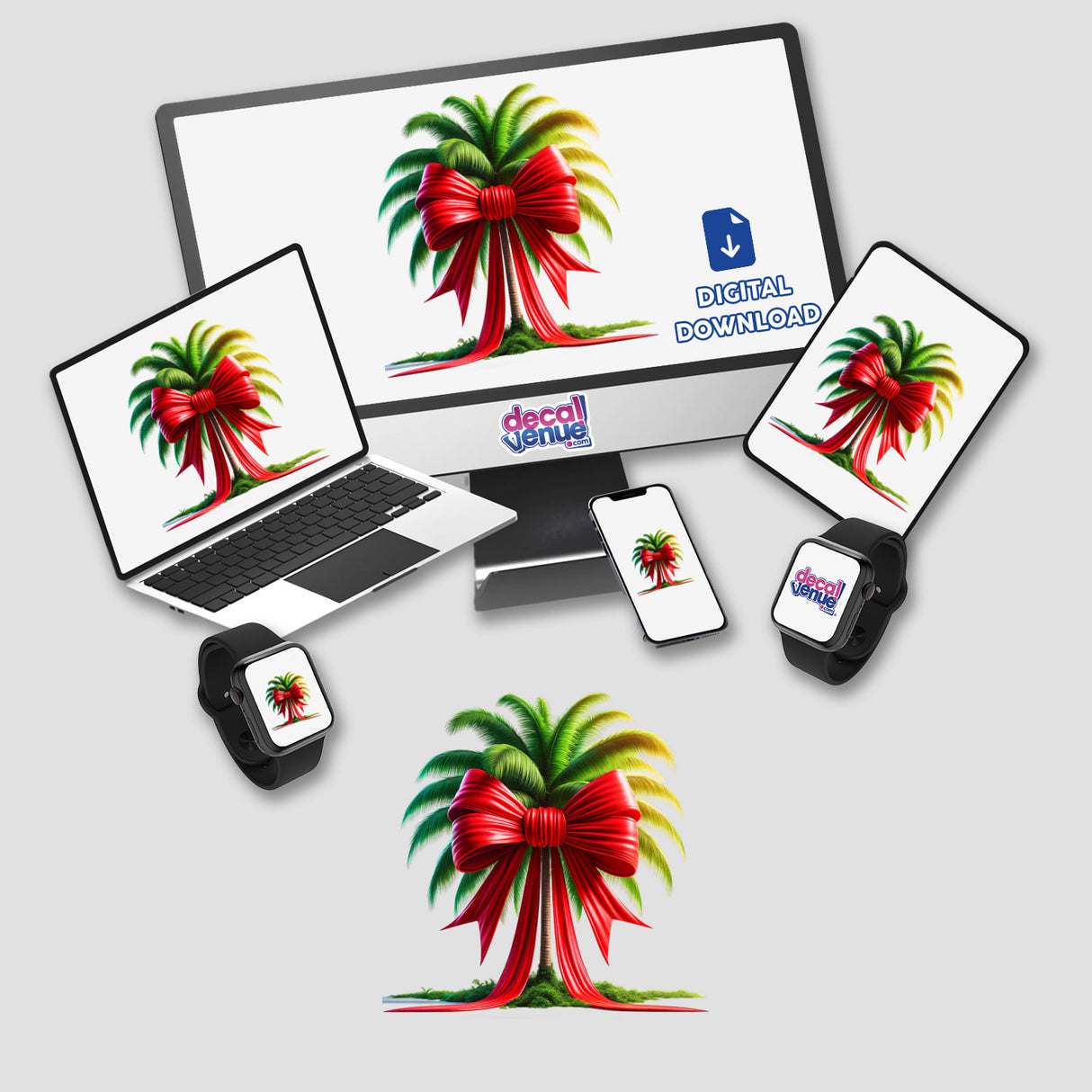 Colorful palm tree with red coquette bow digital artwork for stickers and downloads by Decal Venue