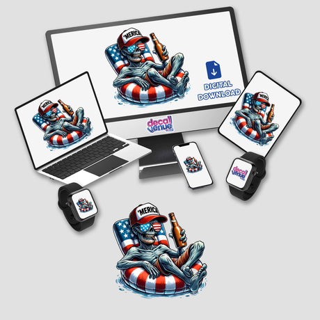 Zombie American Flag Float Merica digital artwork featuring a cartoon skeleton on a float, displayed on various devices including a computer, laptop, and smartphone. Available as stickers or digital artwork.