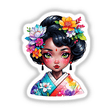 Charming Geisha: Adorable Sticker Art depicting a cartoon woman with flowers in her hair, perfect as stickers or digital artwork.