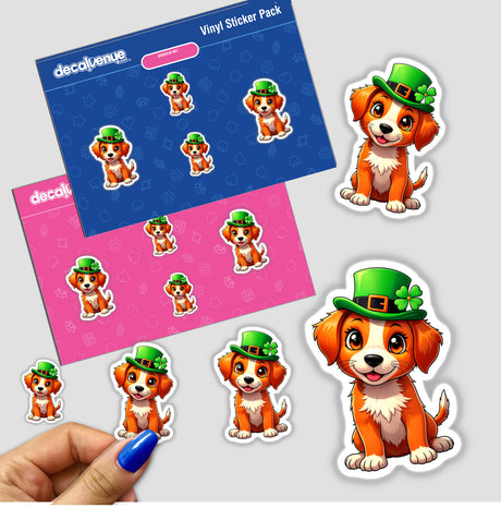 St. Patrick's Day Puppy stickers featuring cartoon dogs in green hats, some held in a hand. Available as unique stickers or digital artwork from Decal Venue.