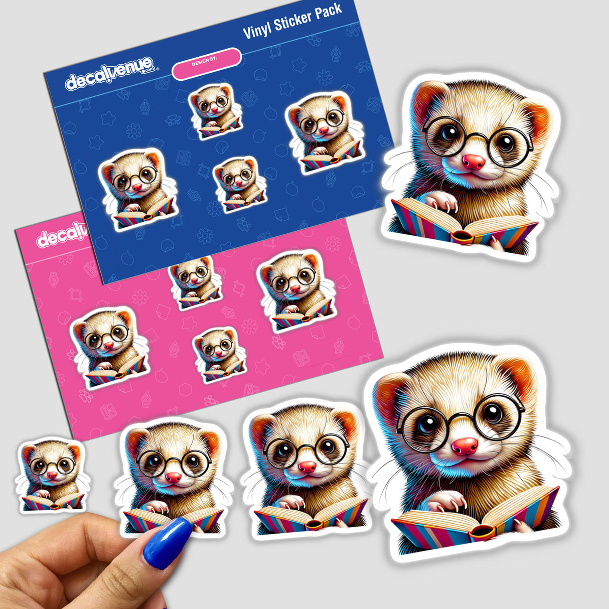 Sticker featuring a cartoon ferret with reading glasses holding an open book, part of the Ferret With Reading Glasses Open Book collection, designed for fans of unique vinyl stickers and digital art.