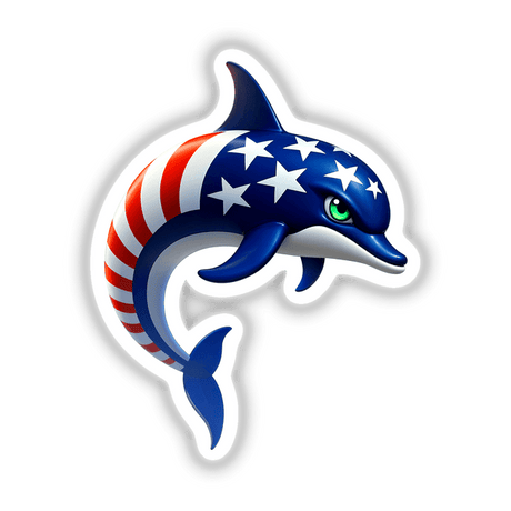 A Cool American Flag Dolphin depicted as a vibrant graphic with red, white, and blue stripes and stars, available as stickers or digital artwork from Decal Venue's unique collection.