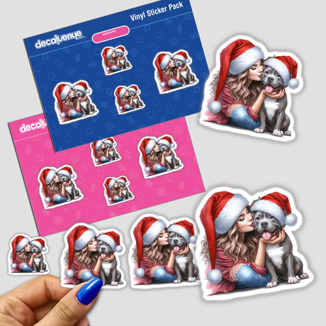 Santa Christmas Lady Loves Her Pitbull sticker pack features cartoon-style illustrations of a woman in a Santa hat lovingly interacting with her dog. Available as stickers or digital artwork.