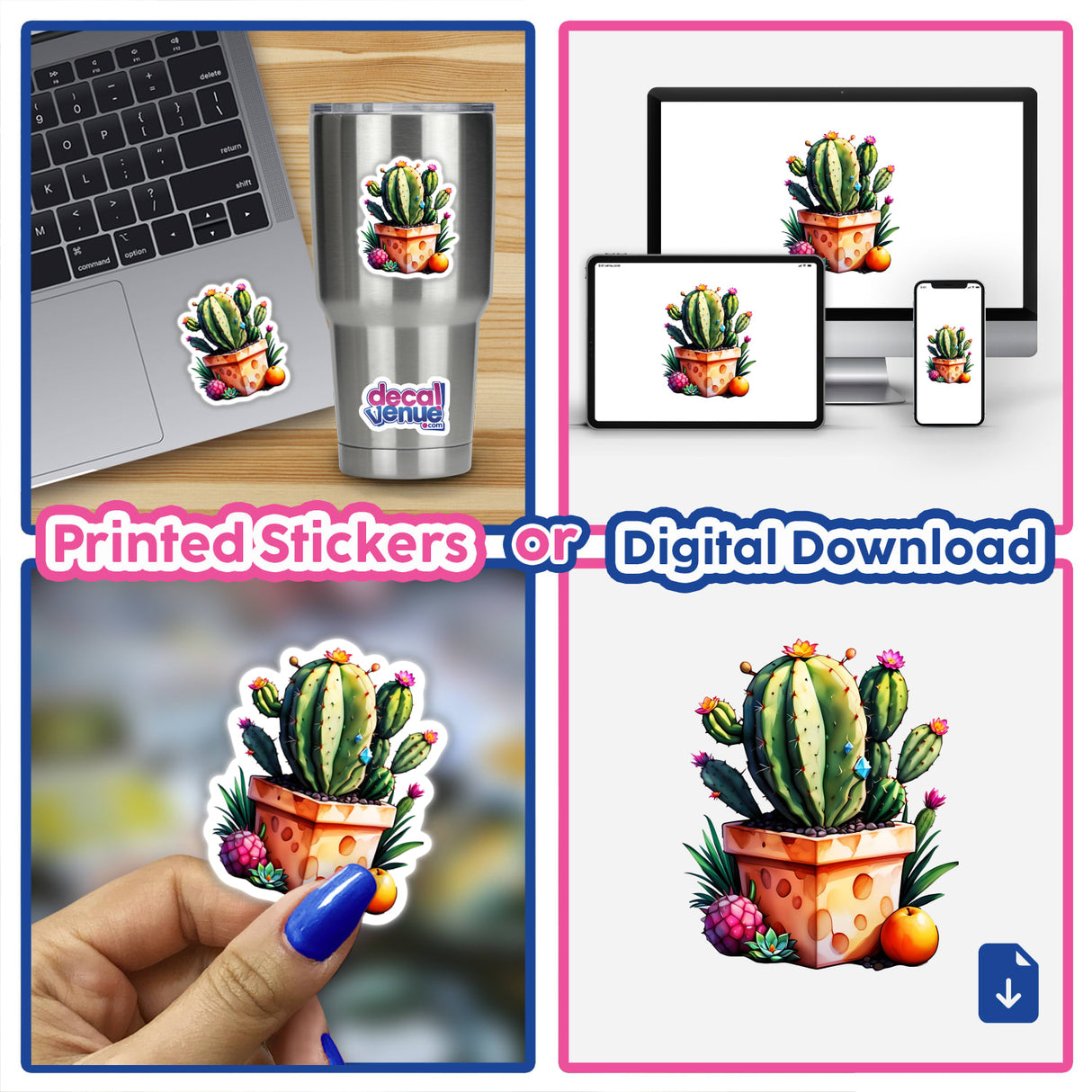 Exotic Tropical Cactus Sticker | Perfect for Botanical Art Lovers: A collage featuring a laptop adorned with a cactus sticker, ideal for adding a botanical touch to your tech or personal items.