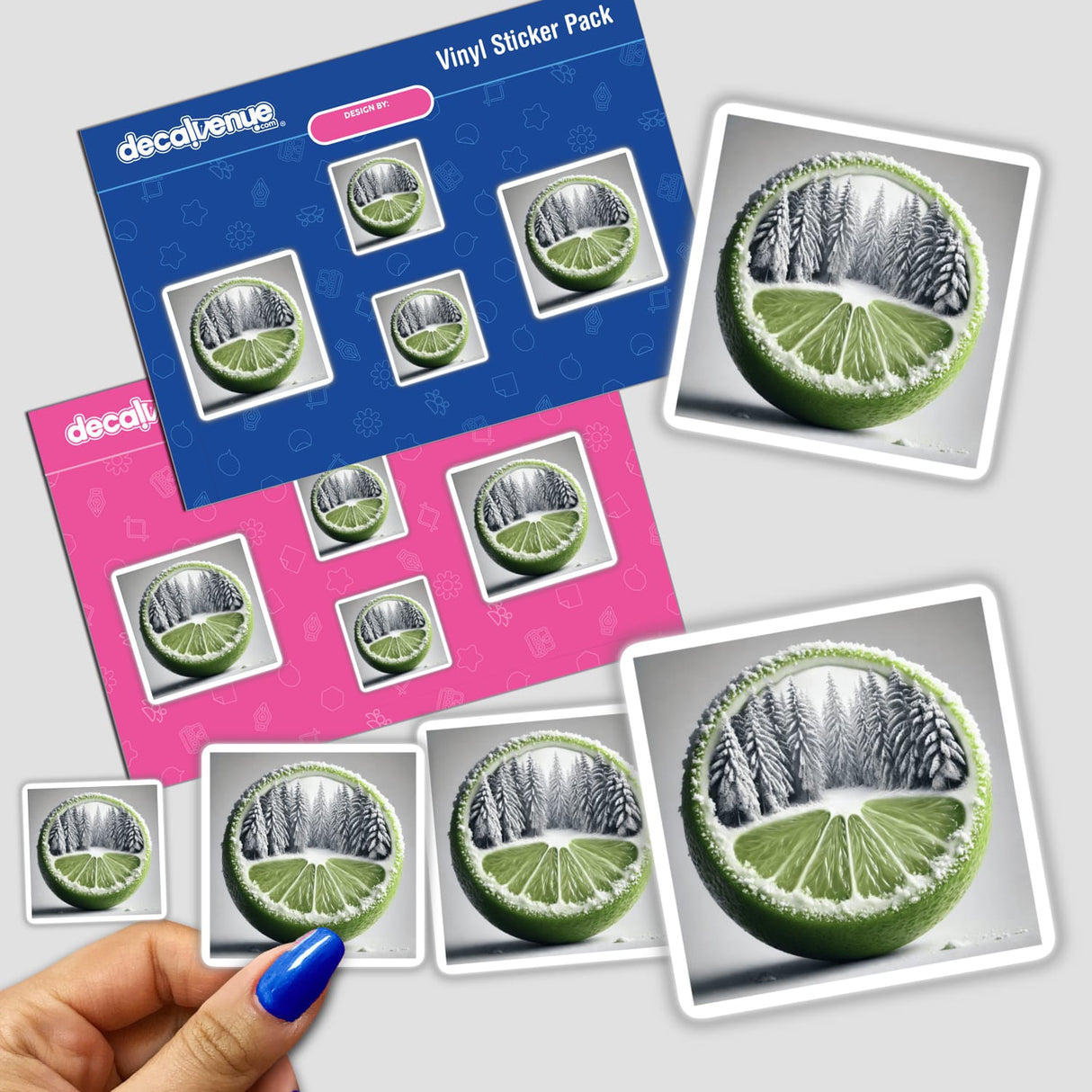 Hand holding Winter Oasis Snowy Forest Inside a Lime sticker pack, featuring limes with snowy forest scenes inside.