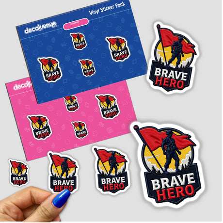 Sticker pack featuring the 0007 - BRAVE HERO design, showcasing various cartoon soldier logos and a hero with a flag, available as stickers or digital artwork.