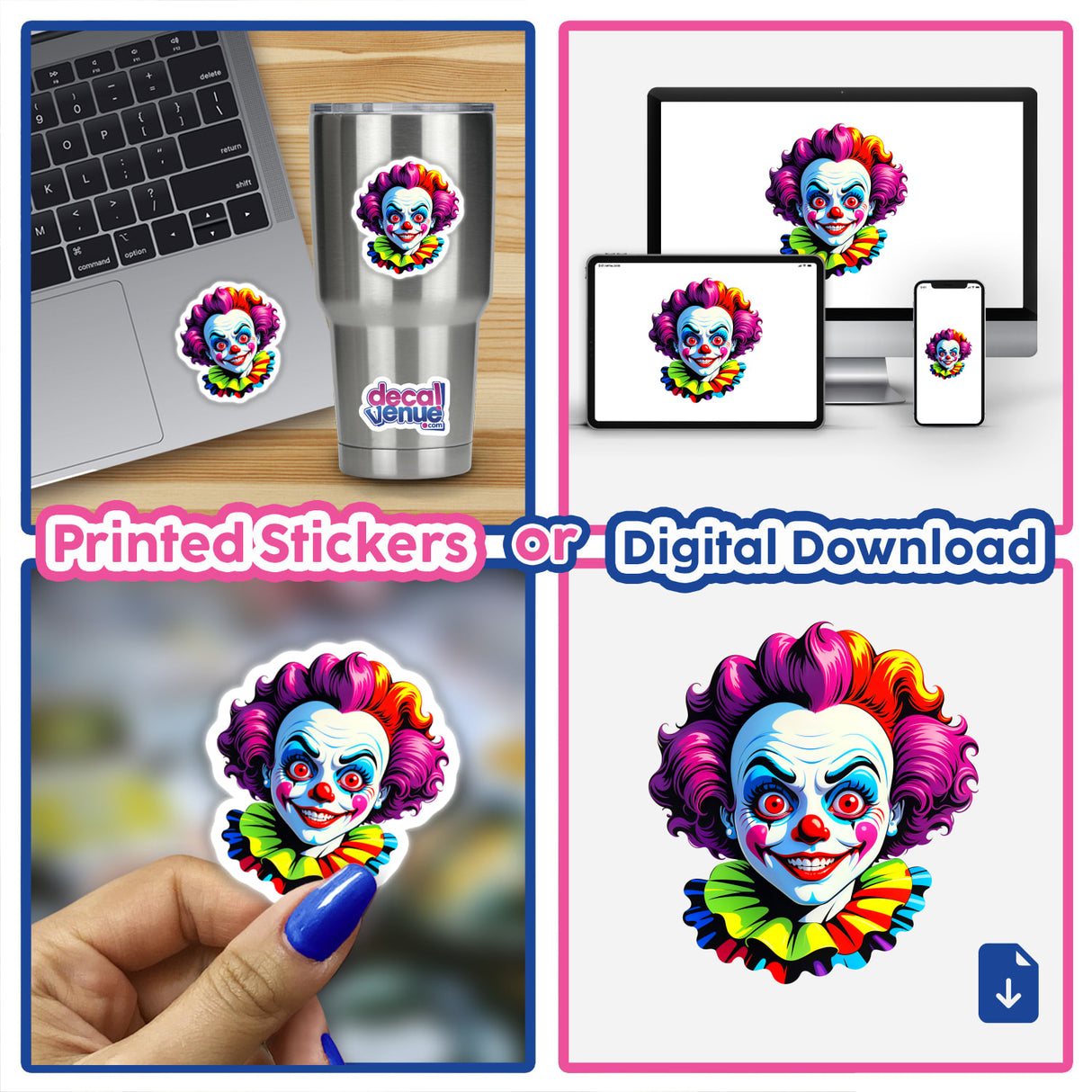 A Crazy Clown Girl sticker collage featuring cartoon clowns with pink hair and colorful collars, displayed on various surfaces like laptops and cups, epitomizing Decal Venue's unique sticker offerings.