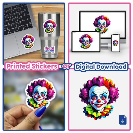 A Crazy Clown Girl sticker collage featuring cartoon clowns with pink hair and colorful collars, displayed on various surfaces like laptops and cups, epitomizing Decal Venue's unique sticker offerings.