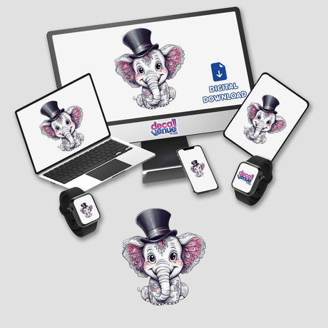 Charming Elephant with Decorative Ears and a Classic Top Hat displayed on a computer monitor and laptop, featuring a cartoon elephant design available as stickers or digital artwork from Decal Venue.