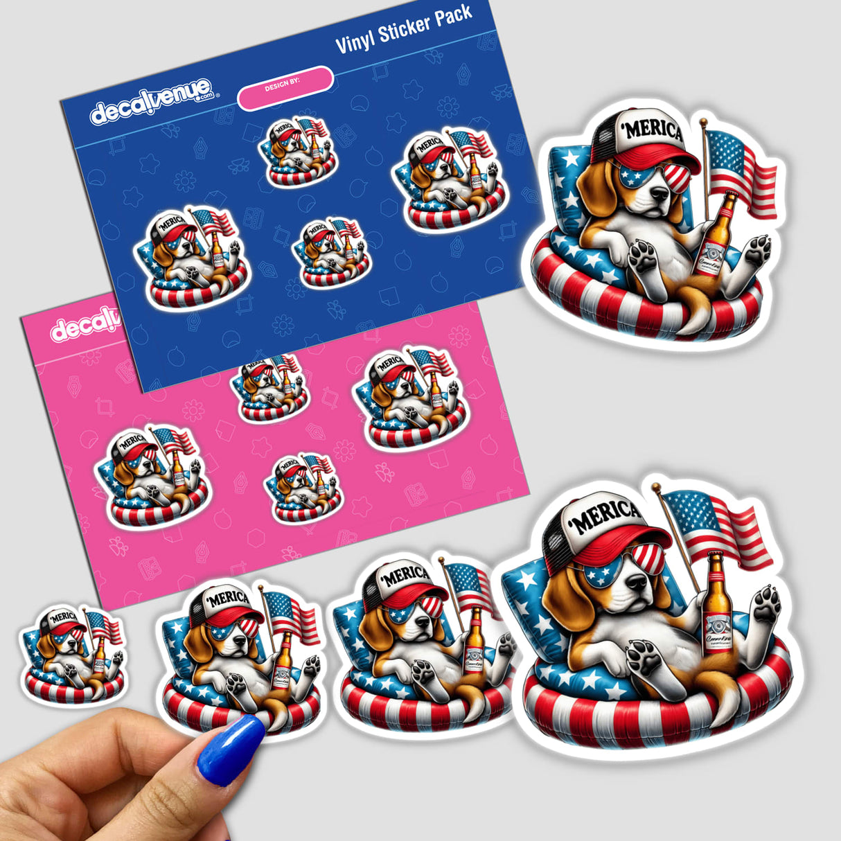 Beagle Dog American Flag Float Merica sticker featuring a beagle with an American flag and beer, perfect for patriotic decor and digital downloads. Ideal for dog lovers and fans of American pride.