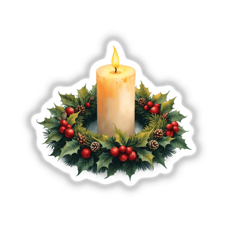 Candle in a Christmas Wreath, featuring a wax candle encircled by festive pine cones, fruits, and flowers. Available as stickers or digital artwork from Decal Venue.