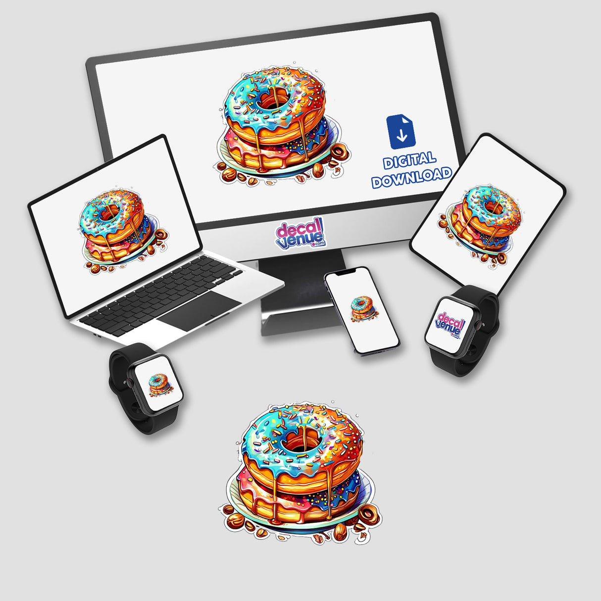 Colorful digital artwork of delicious donuts displayed across various electronic devices, including a laptop, tablet, and smartphone. The Decal Venue branding is prominently featured, indicating this is a digital artwork or sticker product available through their store. The vibrant colors and intricate details of the donuts make this a visually appealing and appetizing digital design.